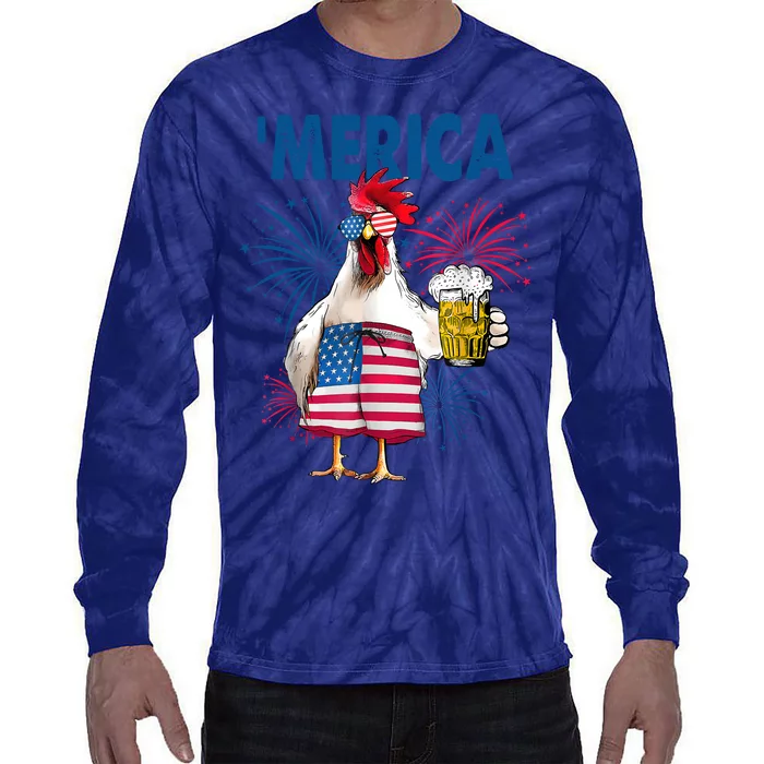 Merica Funny Chicken With Beer USA Flag 4th Of July Tie-Dye Long Sleeve Shirt