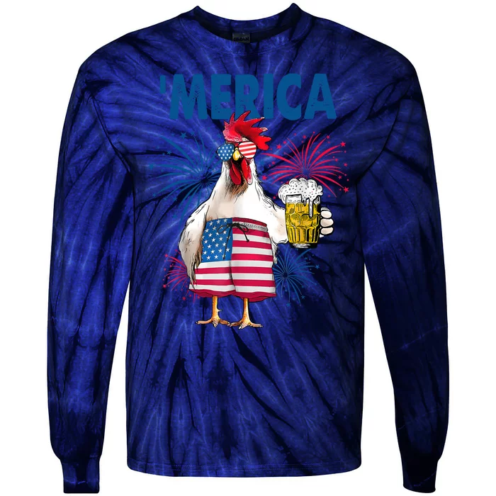 Merica Funny Chicken With Beer USA Flag 4th Of July Tie-Dye Long Sleeve Shirt