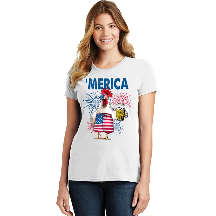 Merica Funny Chicken With Beer USA Flag 4th Of July Women's T-Shirt