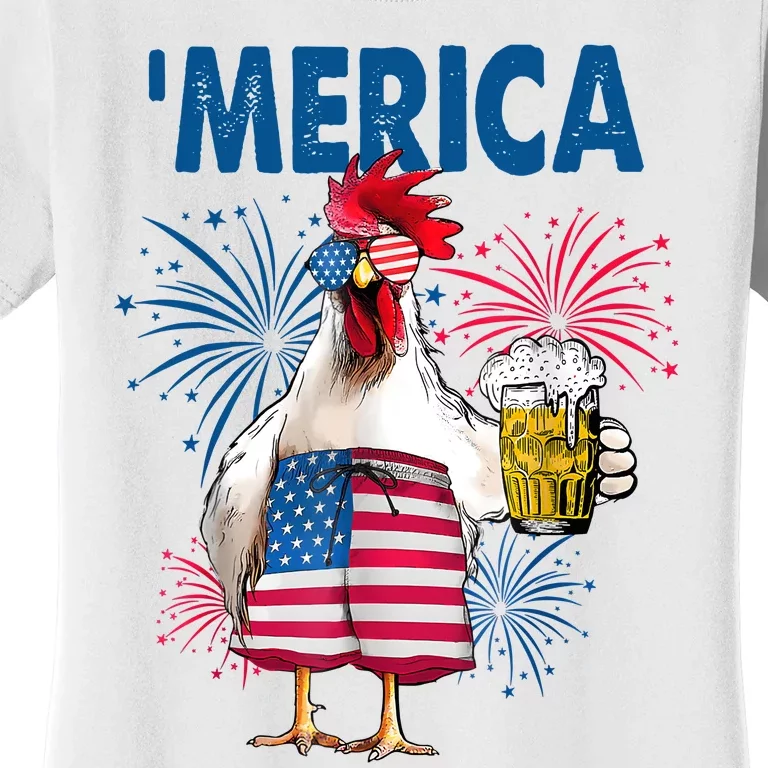 Merica Funny Chicken With Beer USA Flag 4th Of July Women's T-Shirt