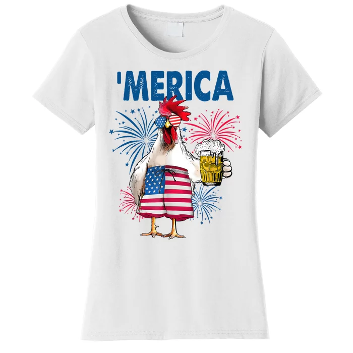 Merica Funny Chicken With Beer USA Flag 4th Of July Women's T-Shirt