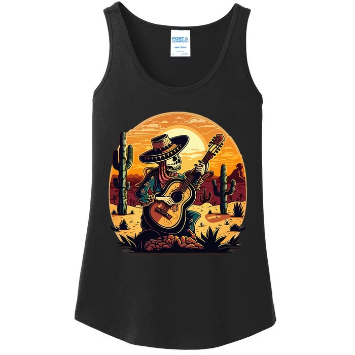 Mexican Fiesta Cinco De Mayo Skeleton Guitar Cactus Floral Ladies Essential Tank