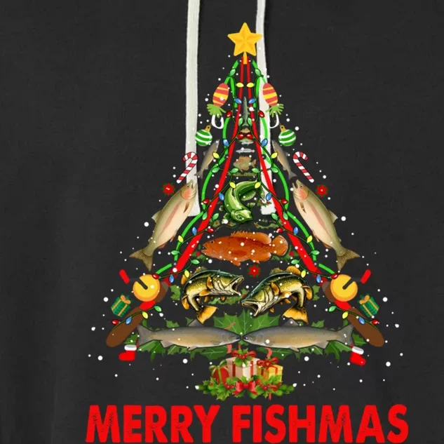 Merry Fishmas Christmas Fishing Rods And Fishes As Xmas Tree Gift Garment-Dyed Fleece Hoodie