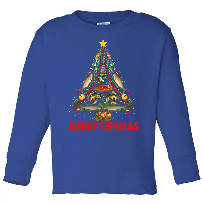 Merry Fishmas Christmas Fishing Rods And Fishes As Xmas Tree Gift Toddler Long Sleeve Shirt