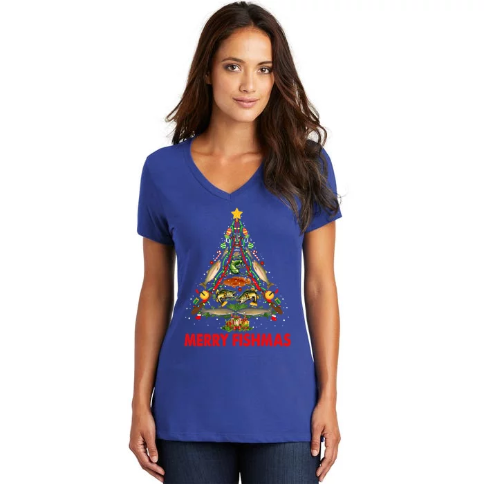 Merry Fishmas Christmas Fishing Rods And Fishes As Xmas Tree Gift Women's V-Neck T-Shirt