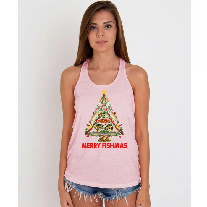 Merry Fishmas Christmas Fishing Rods And Fishes As Xmas Tree Gift Women's Knotted Racerback Tank