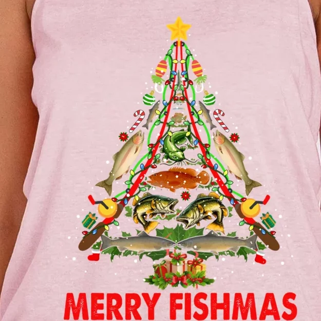 Merry Fishmas Christmas Fishing Rods And Fishes As Xmas Tree Gift Women's Knotted Racerback Tank