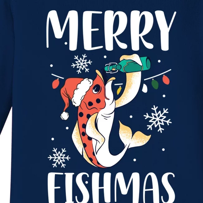 Merry Fishmas Christmas Funny Fishing Fish Santa Snow Cute Gift Baby Long Sleeve Bodysuit