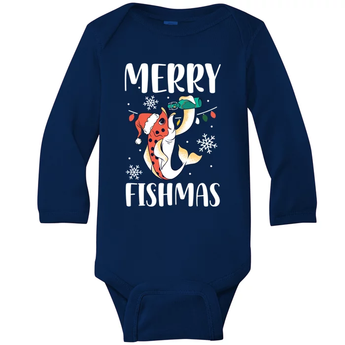 Merry Fishmas Christmas Funny Fishing Fish Santa Snow Cute Gift Baby Long Sleeve Bodysuit