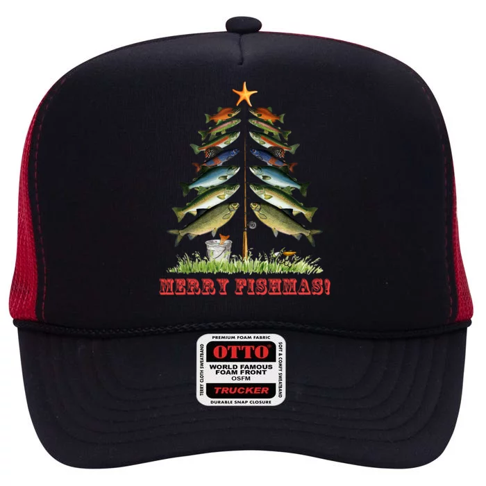 Merry Fishmas Christmas Tree Fishing Xmas Pyjamas Gift High Crown Mesh Trucker Hat