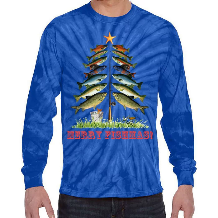 Merry Fishmas Christmas Tree Fishing Xmas Pyjamas Gift Tie-Dye Long Sleeve Shirt