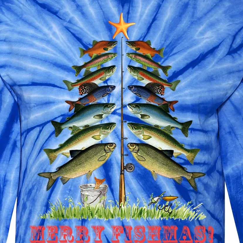 Merry Fishmas Christmas Tree Fishing Xmas Pyjamas Gift Tie-Dye Long Sleeve Shirt