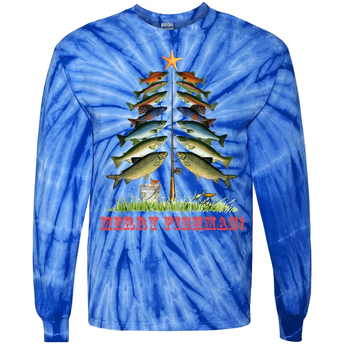 Merry Fishmas Christmas Tree Fishing Xmas Pyjamas Gift Tie-Dye Long Sleeve Shirt