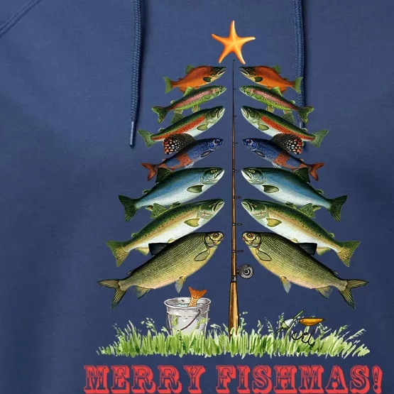 Merry Fishmas Christmas Tree Fishing Xmas Pyjamas Gift Performance Fleece Hoodie