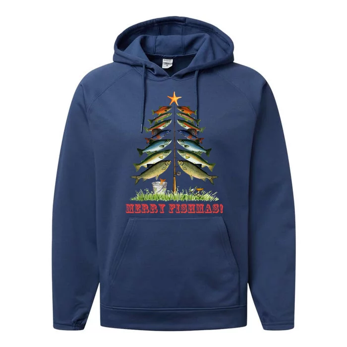 Merry Fishmas Christmas Tree Fishing Xmas Pyjamas Gift Performance Fleece Hoodie