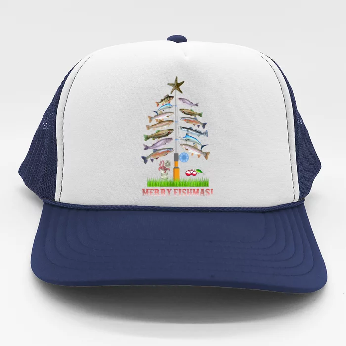 Merry Fishmas Christmas Tree Funny Gift Trucker Hat