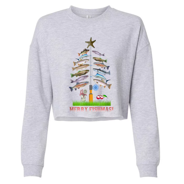 Merry Fishmas Christmas Tree Funny Gift Cropped Pullover Crew