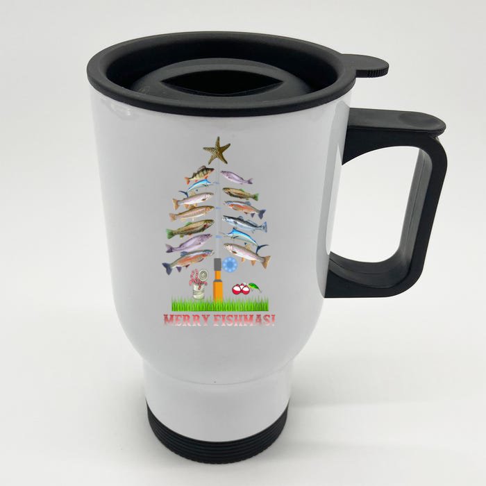 Merry Fishmas Christmas Tree Funny Gift Front & Back Stainless Steel Travel Mug