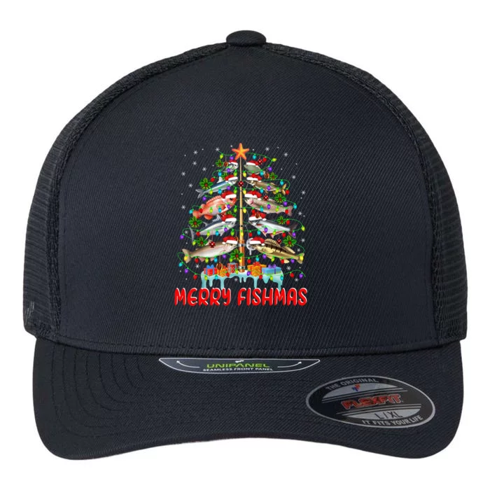 Merry Fishmas Christmas Tree Lights Fish Funny Fishing Cool Gift Flexfit Unipanel Trucker Cap