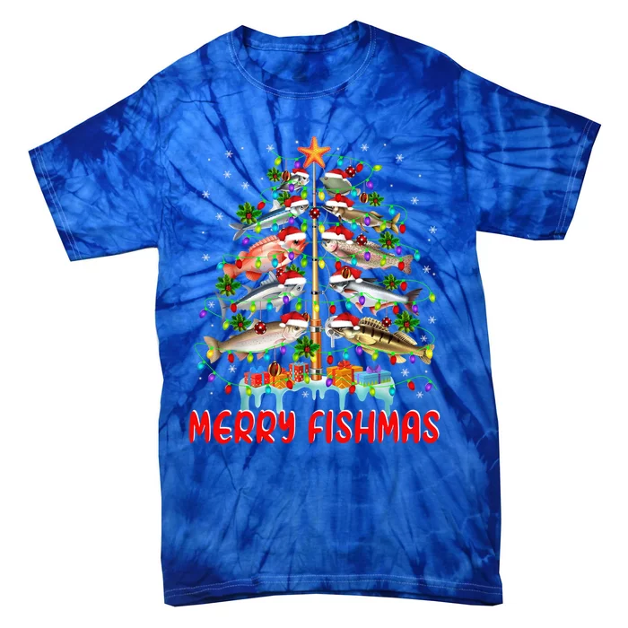 Merry Fishmas Christmas Tree Lights Fish Funny Fishing Cool Gift Tie-Dye T-Shirt