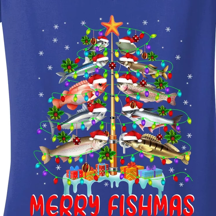 Merry Fishmas Christmas Tree Lights Fish Funny Fishing Cool Gift Women's V-Neck T-Shirt