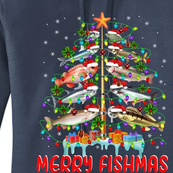 Merry Fishmas Christmas Tree Lights Fish Funny Fishing Cool Gift Women's Pullover Hoodie