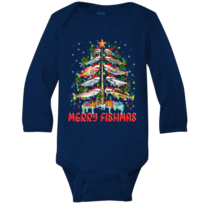 Merry Fishmas Christmas Tree Lights Fish Funny Fishing Cool Gift Baby Long Sleeve Bodysuit