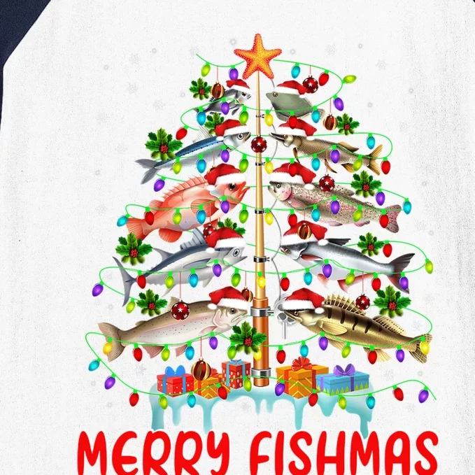 Merry Fishmas Christmas Tree Lights Fish Funny Fishing Cool Gift Baseball Sleeve Shirt