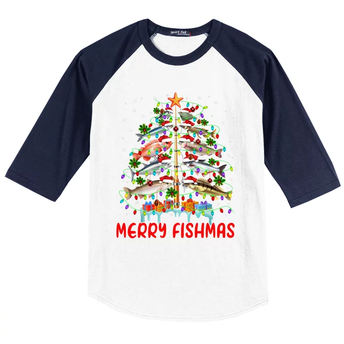 Merry Fishmas Christmas Tree Lights Fish Funny Fishing Cool Gift Baseball Sleeve Shirt