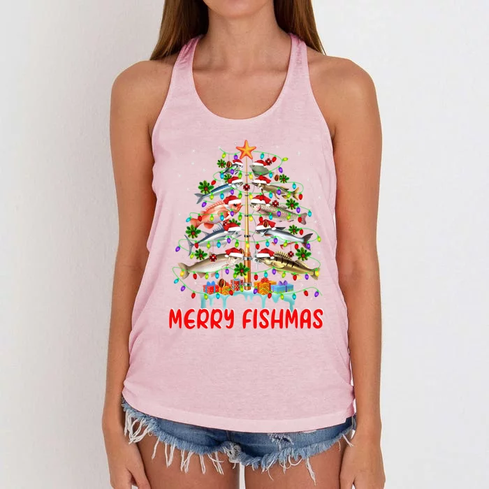 Merry Fishmas Christmas Tree Lights Fish Funny Fishing Cool Gift Women's Knotted Racerback Tank