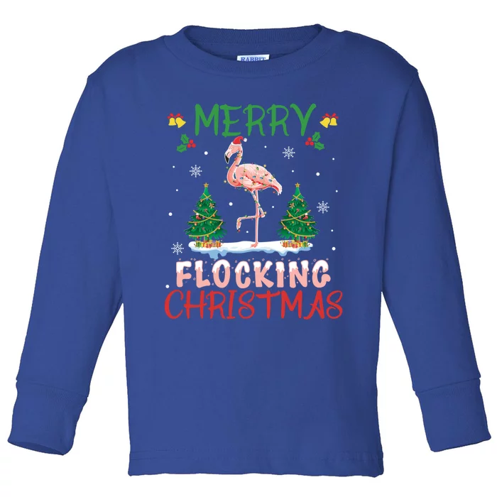 Merry Flocking Christmas Flamingo Pink In Santa Hat Gift Fun Great Gift Toddler Long Sleeve Shirt