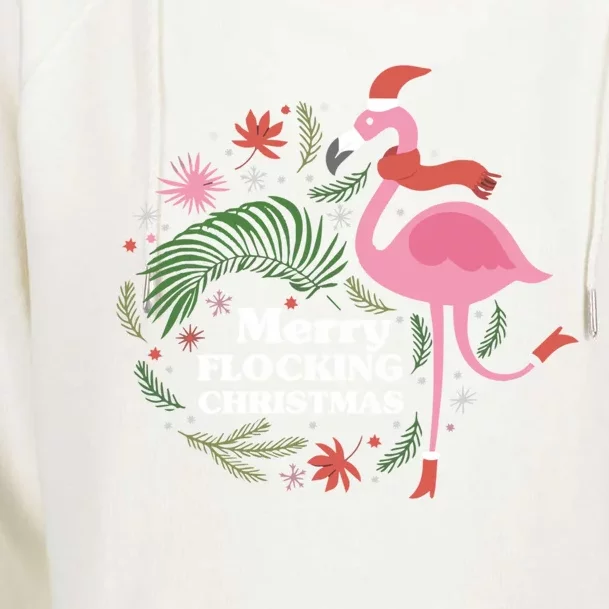 Merry Flocking Christmas Flamingo Pink In Santa Hat Gift Womens Funnel Neck Pullover Hood