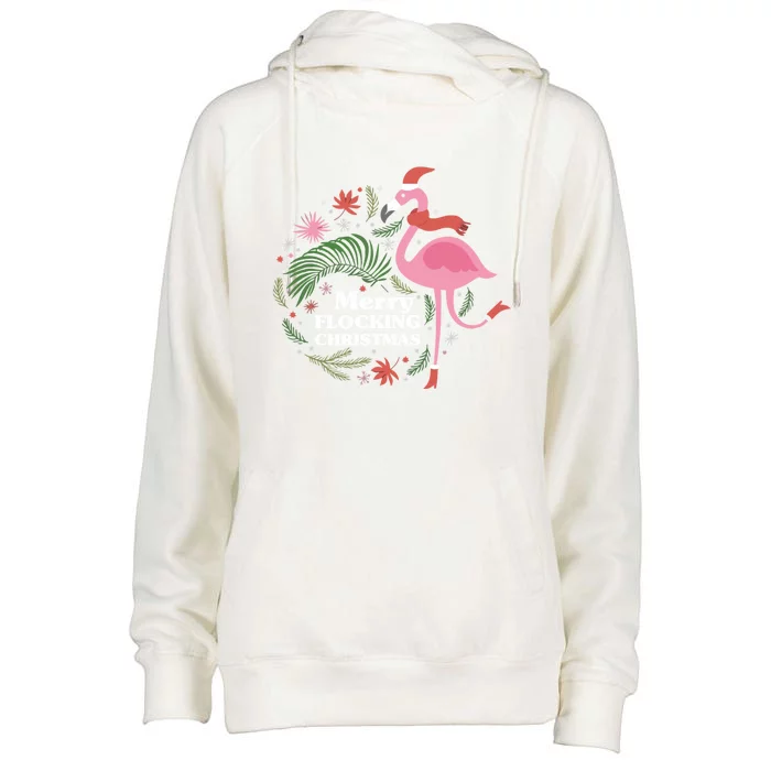 Merry Flocking Christmas Flamingo Pink In Santa Hat Gift Womens Funnel Neck Pullover Hood