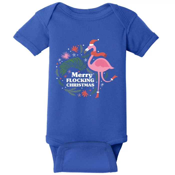 Merry Flocking Christmas Flamingo Pink In Santa Hat Gift Baby Bodysuit