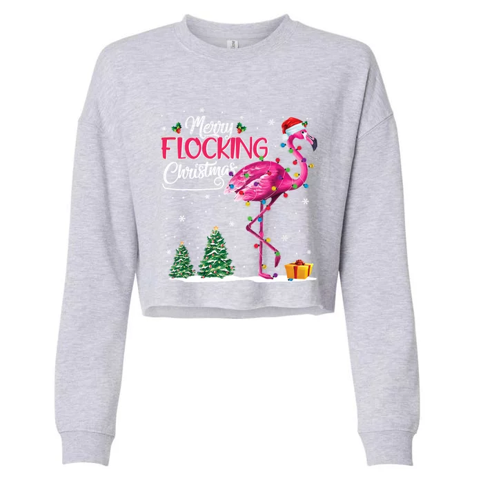 Merry Flocking Christmas Cute Flamingo Pink Santa Hat Cute Gift Cropped Pullover Crew