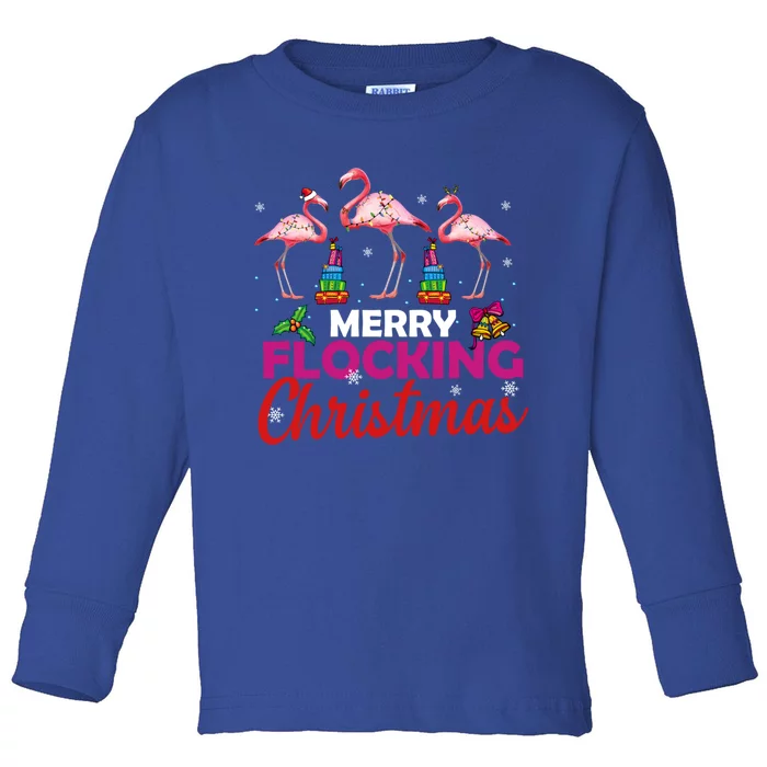 Merry Flocking Christmas Flamingo Pink In Santa Hat Funny Gift Toddler Long Sleeve Shirt