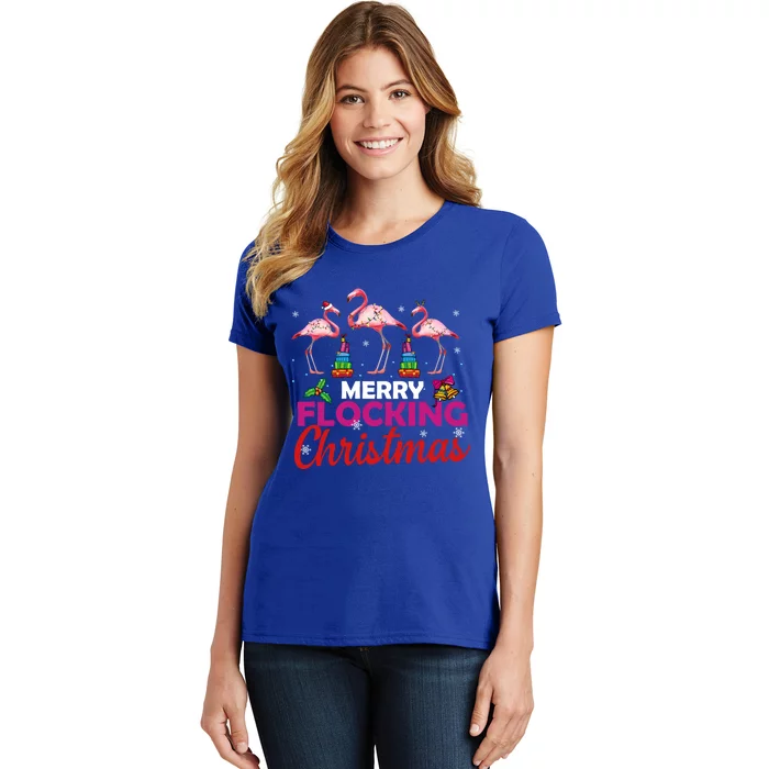 Merry Flocking Christmas Flamingo Pink In Santa Hat Funny Gift Women's T-Shirt