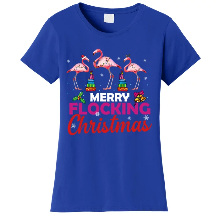 Merry Flocking Christmas Flamingo Pink In Santa Hat Funny Gift Women's T-Shirt