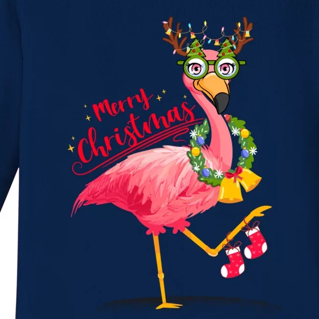 Merry Flocking Christmas Day Pink Flamingo Xmas Holidays Gift Baby Long Sleeve Bodysuit