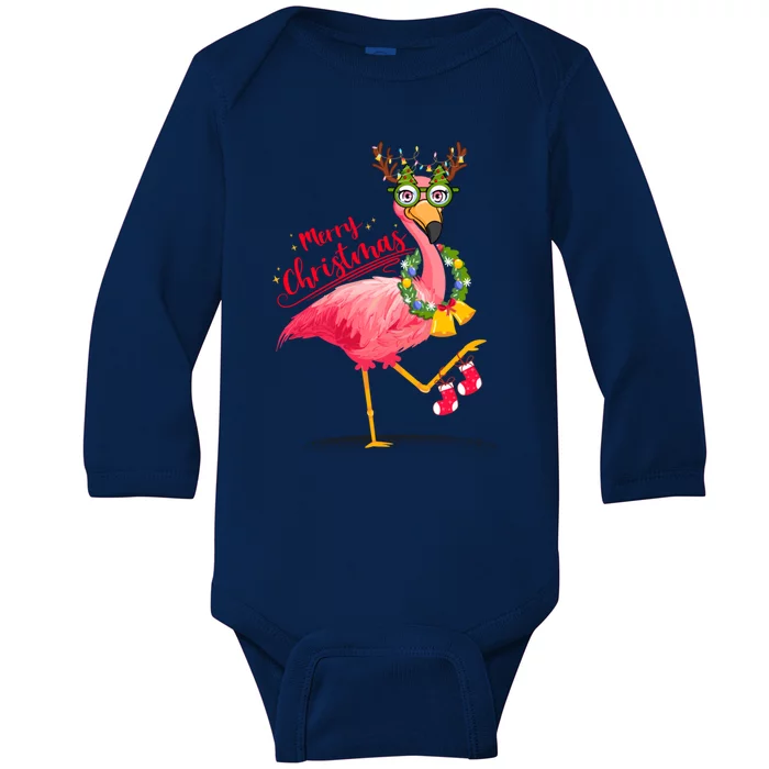 Merry Flocking Christmas Day Pink Flamingo Xmas Holidays Gift Baby Long Sleeve Bodysuit