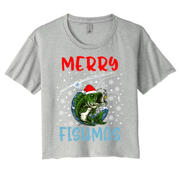 Merry Fishmas Christmas Fishing Holiday Gift Women's Crop Top Tee