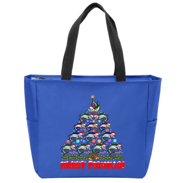 Merry Fishmas Christmas Tree Fishing Lover Funny Gift Zip Tote Bag