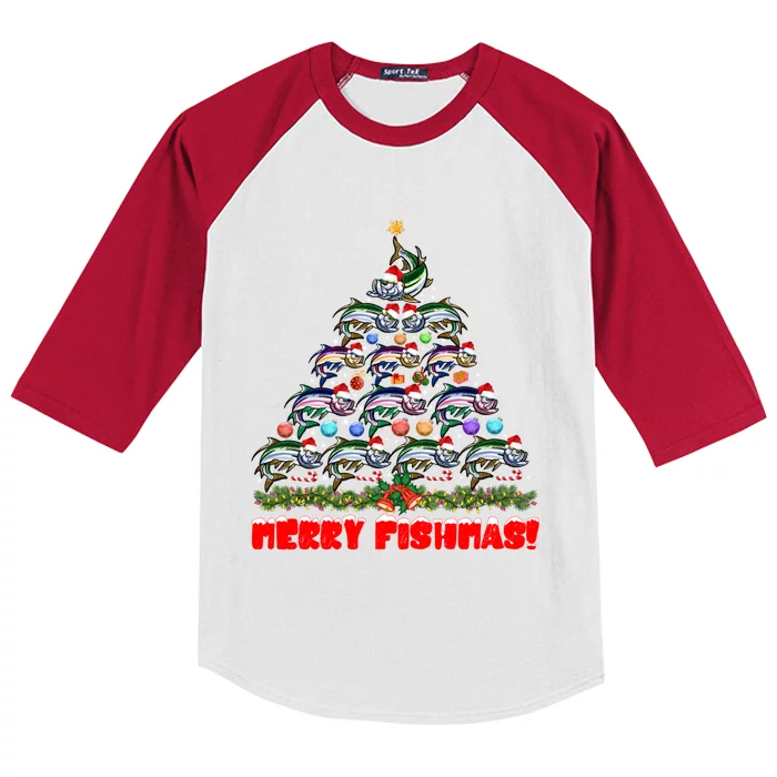 Merry Fishmas Christmas Tree Fishing Lover Funny Gift Kids Colorblock Raglan Jersey