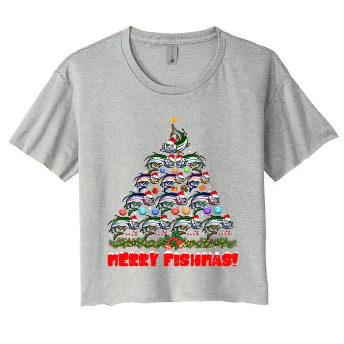 Merry Fishmas Christmas Tree Fishing Lover Funny Gift Women's Crop Top Tee