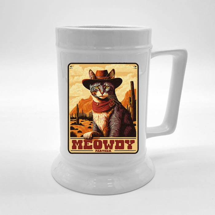 Meowdy! Funny Country Music Cat Cow Hat Wanted Poster Front & Back Beer Stein