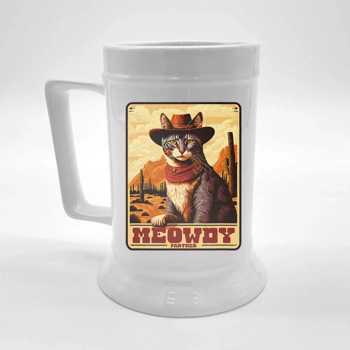 Meowdy! Funny Country Music Cat Cow Hat Wanted Poster Front & Back Beer Stein