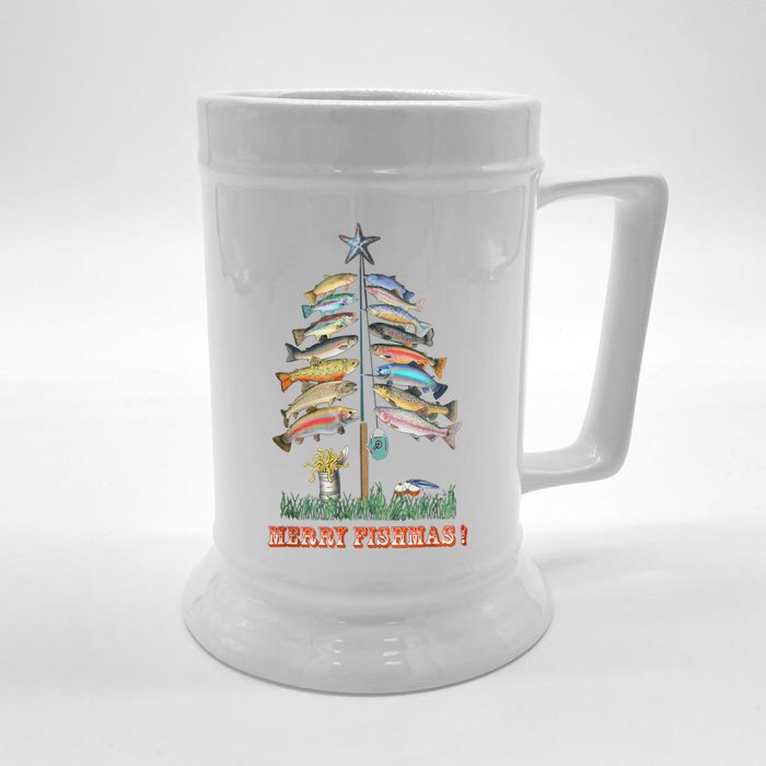 Merry Fishmas Christmas Tree Funny Funny Gift Front & Back Beer Stein