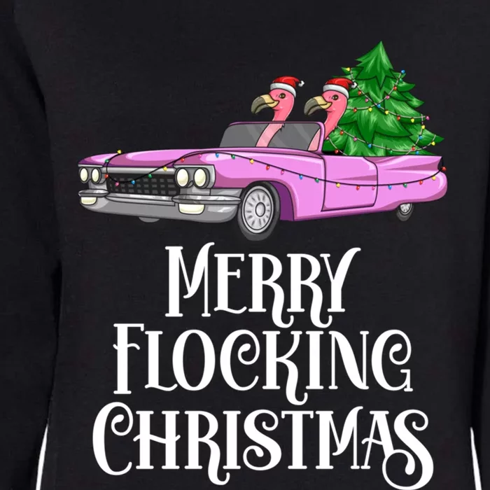 Merry Flocking Christmas Pink Flamingos Pink Car And Xmas Tree Cute Gift Womens California Wash Sweatshirt