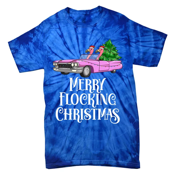 Merry Flocking Christmas Pink Flamingos Pink Car And Xmas Tree Cute Gift Tie-Dye T-Shirt