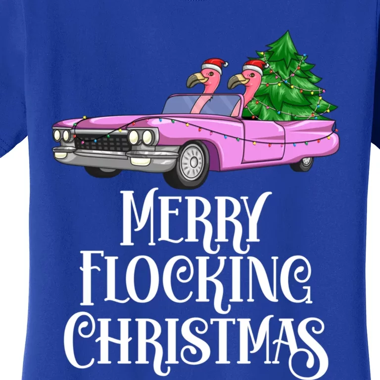 Merry Flocking Christmas Pink Flamingos Pink Car And Xmas Tree Cute Gift Women's T-Shirt